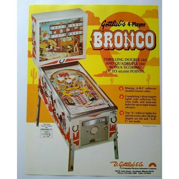 Bronco Pinball FLYER Original NOS 1977 Game Western Cowboy Retro Vintage Promo - Picture 2 of 7
